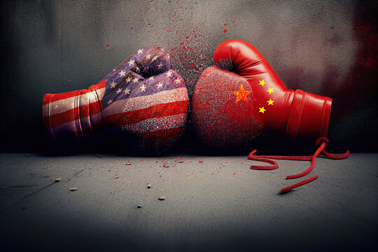 Boxing gloves of USA vs China. Concept of sports match, trade war, fight or war, confrontation or crisis between patriotic countries. Generated by AI