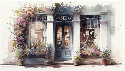 Watercolor painting of a shopfront entrance, with flowers, front view, elevation. generative AI

