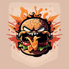 Crazy and angry hamburger. Funny cartoon, cheerful colorful vector illustration of a hamburger. Dynamics and energy.