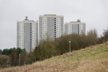 High rise council flats in poor housing estate with many social welfare issues in Maryhill, Glasgow