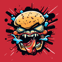 Crazy and angry hamburger. Funny cartoon, cheerful colorful vector illustration of a hamburger. Dynamics and energy. Hamburger on a red background.