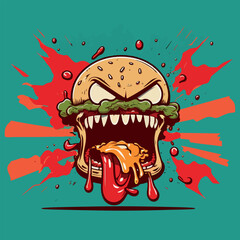 Crazy and angry hamburger. Funny cartoon, cheerful colorful vector illustration of a hamburger. Dynamics and energy. Hamburger on a green background.
