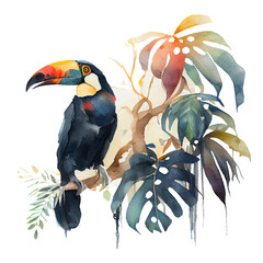 Toucan bird on a tropical tree branch, watercolor illustration, isolated on transparent background, generative AI - obrazy, fototapety, plakaty