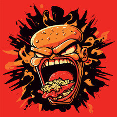 Crazy and angry hamburger. Funny cartoon, cheerful colorful vector illustration of a hamburger. Dynamics and energy. Hamburger on a red background.
