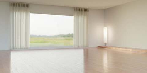 Fototapeta na wymiar wide open room with large glass windows wooden floor and natural view by the window 3D illustration