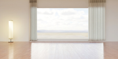 wide open room with large glass windows wooden floor and natural view by the window 3D illustration