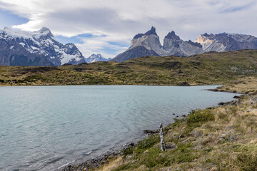 Lake and snowy mountains of Torres del Paine National Park in Chile, Patagonia, South America