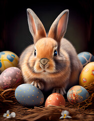 Fototapeta na wymiar Easter rabbit around which there are many bright colored painted eggs, spring holiday, cute bunny, animal, fluffy friend, long ears, on a white background, studio photo, color background, bright image
