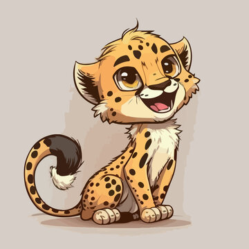 Cute cheetah, young ang little cheetah. Sweet and adorable baby animal. A colorful and funny pet. Colorful, happy and fun cartoon illustration, vector for children.