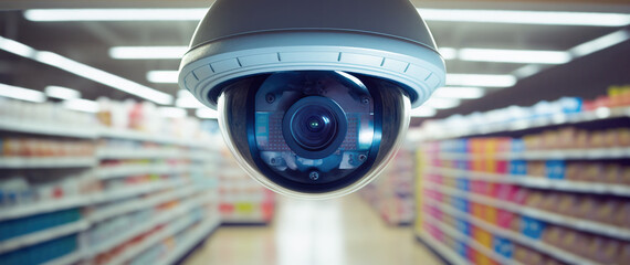 A security camera mounted on the ceiling surveilling an aisle of a convenience store. Generative AI illustration
