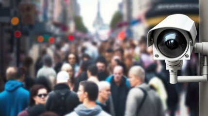 Close-up of a security camera monitoring people in a busy public square. Generative AI illustration