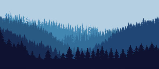 Vector illustration mountains. Mysterious landscape of forest, mountaings in fog	