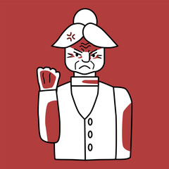 Angry old woman with emotion of rage, red and white.