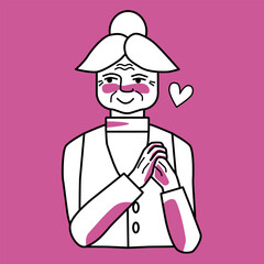 Old woman in love, holding her hands, pink and white.