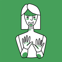 Woman with emotion of disgust, green and white.