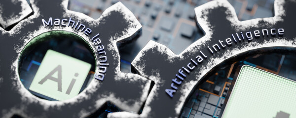 Inscription AI on a metal gear. Deep machine learning. The development of artificial intelligence. AI artificial intelligence concept. 3D rendering.