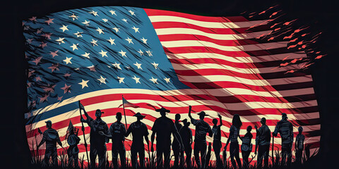 Patriotic holidays silhouette of people holding the flag - Generative AI