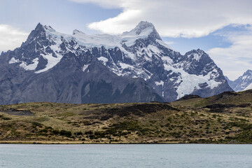 Lake and snowy mountains of Torres del Paine National Park in Chile, Patagonia, South America