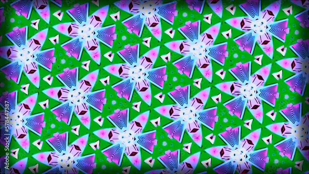 Poster bright kaleidoscopic pattern with geometric shapes. motion. lots of figures flashing in bright kalei