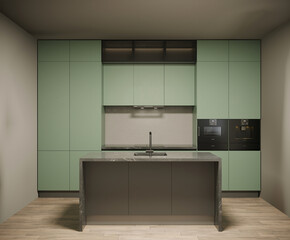 3d rendering of new Pistachio green kitchen interior design with marble surface