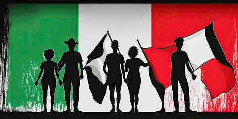 Italian Heritage: Silhouettes of People Holding the Flag of Italy - Generative AI