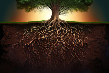 Tree's roots side view underground, ecosystem concept. Generative AI illustration