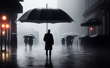 man with giant umbrella in the rain on a dark street, background with group of people dressed in black, concept of loneliness