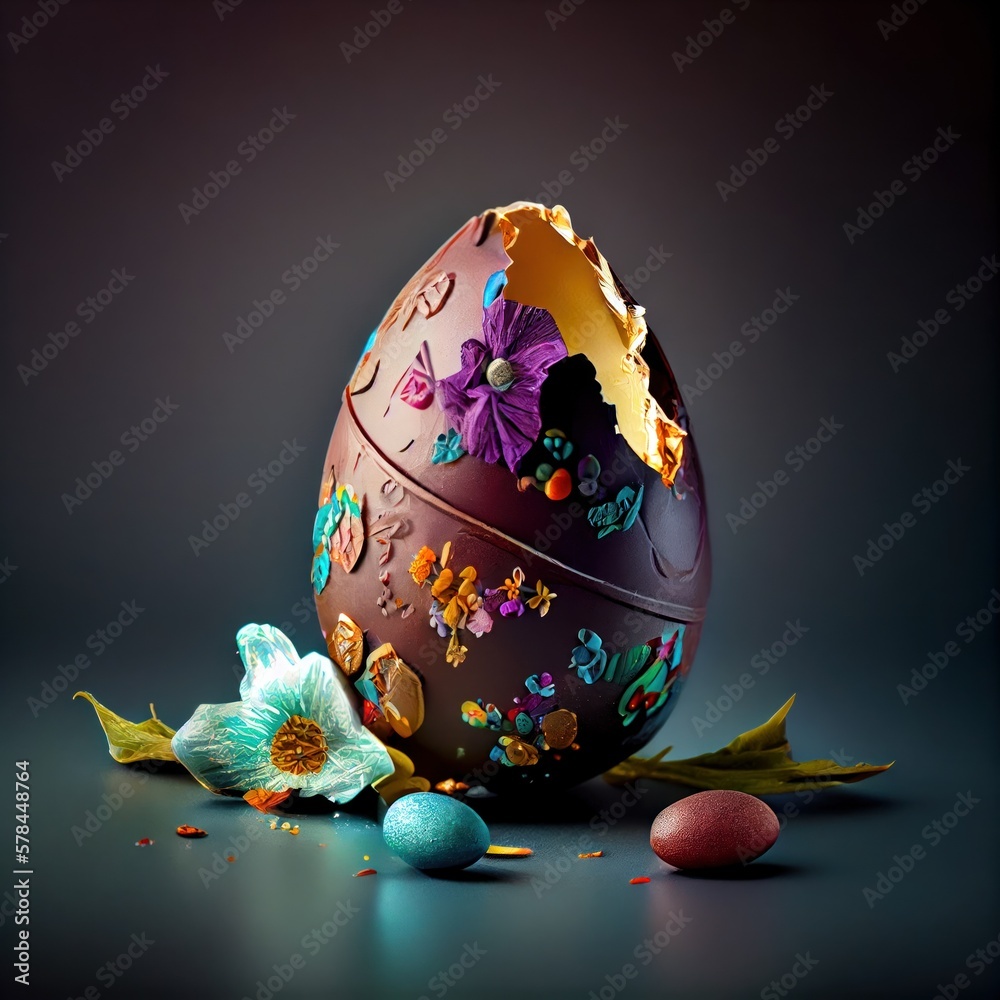 Wall mural Easter egg with bright flowers and decorations, simple background and cracked chocolate, generative ai