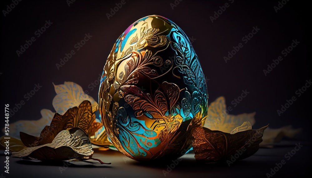 Wall mural Vibrant foil wrapped easter egg, pearlescent colors with patterns and simple background, Generative AI