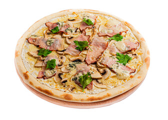 Appetizing pizza on the board on the side view on a transparent background. The background is cut out.