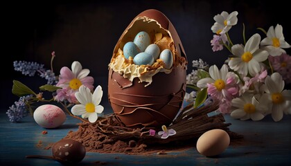 Plakat floral easter egg scene, with cracked chocolate egg holding some mini chocolate eggs decorated with flowers, Generative aI