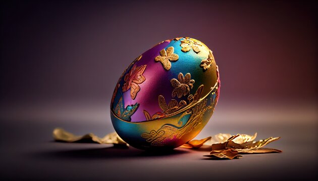 pearlescent easter egg with purple blue and gold foil, Generative AI