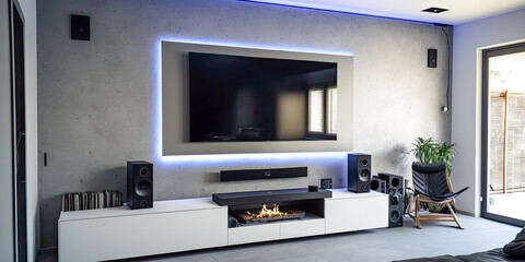 TV living room with cement wall and wall-mounted fireplace - Generative AI