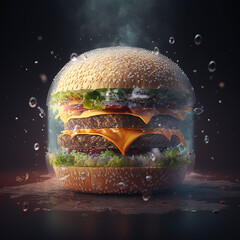 hamburger super detailed, juicy, light particles