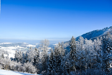 Verschneite schöne Aussicht mit Bergen