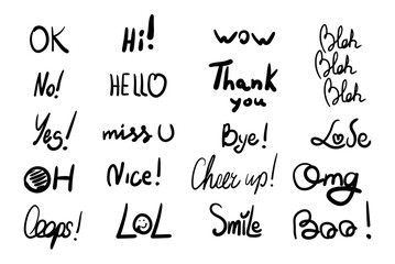 Set of hand drawn dialog words. Doodle short phrases, speech messages. Ok, lol, love, hello, thank you, oops, wow. Vector illustration isolated on white background