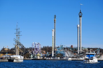 Waterfront view Of Stockholm Amusement Park (Grona Lund) On The Island Of Djurgarden, Stockholm,...