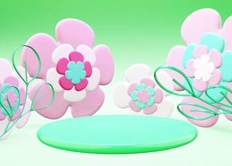 Easter flower blossom 3d render background with stage for product commercial. Green stage backdrop