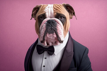Portrait of a dog bulldog dressed in a formal business suit, character, generative ai