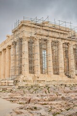 The Parthenon temple during cloudy winter day without people