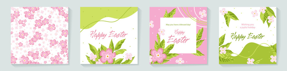 Happy Easter floral card vintage design. Pink peony flowers and green leaves botanical spring greeting card set. Pale rosy blossom pink flowers blooming vintage holiday banner with Happy Easter frames