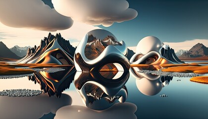  3D Render Abstract Panoramic Background Northern Futuristic Landscape