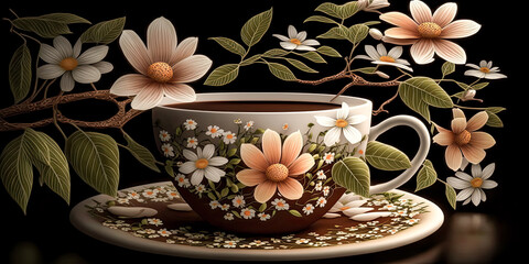 A handmade pottery coffee cup and saucer sits atop a cafe table, its flowing glaze catching the light - generative ai.