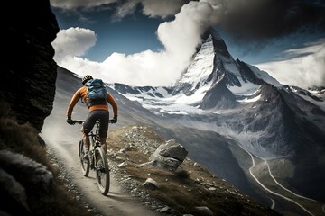 Fototapeta premium Mountain biking on a rocky or dirt trail and past the Matterhorn. Generative AI
