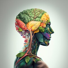 Silhouette of a person's head composed of fruits and vegetables, nutritionist concept, generative AI