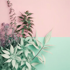 Fototapeta na wymiar Summer Pastel Pink and Mint Green Background with empty copy space for text - Summer Pink and Green Backdrops - Summer Pink and Green Wallpaper created with Generative AI technology