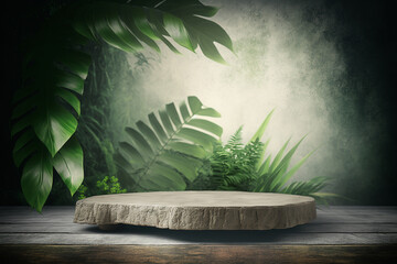 Zen spa product background with tropical plants created with ai generative tools