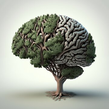 Brain rooted in trees, Human brain growing from a root on a tree branch. Generative AI
