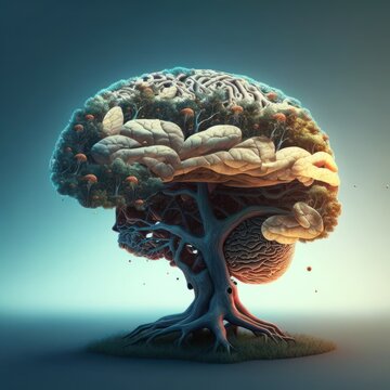 Brain rooted in trees, Human brain growing from a root on a tree branch. Generative AI