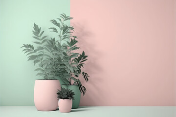 Plants Pastel Pink and Mint Green Background with empty copy space for text - Plants Pink and Green Backdrops - Plants Pink and Green Wallpaper created with Generative AI technology